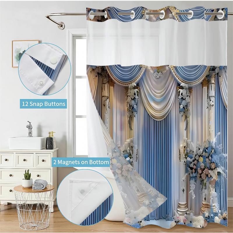 Blue Floral Shower Curtain Set Elegant Draped Design | Hookless, Waterproof, Removable Liner Bathroom Decoration