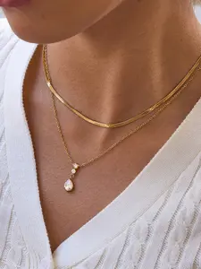 Delicate Round Water Drop Pendant Fashion Dainty Elegant Necklace For Women Multilayer 18K Gold Plated Stainless Steel Necklace Jewelry Gift