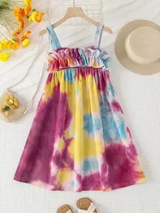 Tween Girls Fashion Cute Tie-Dye Rainbow Pleated Halter Dress, Summer Beachwear, Casual Stylish for Kids