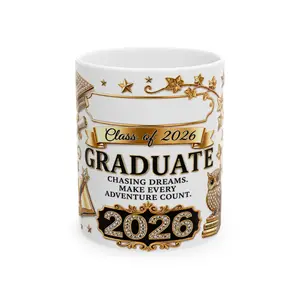 11oz Glossy Lead-Free Microwave-Safe Washable Ceramic Coffee Mug - 2026 Graduation Drinkware with Vintage Motif, Customizable Printed Message for Class of 2026 Graduates