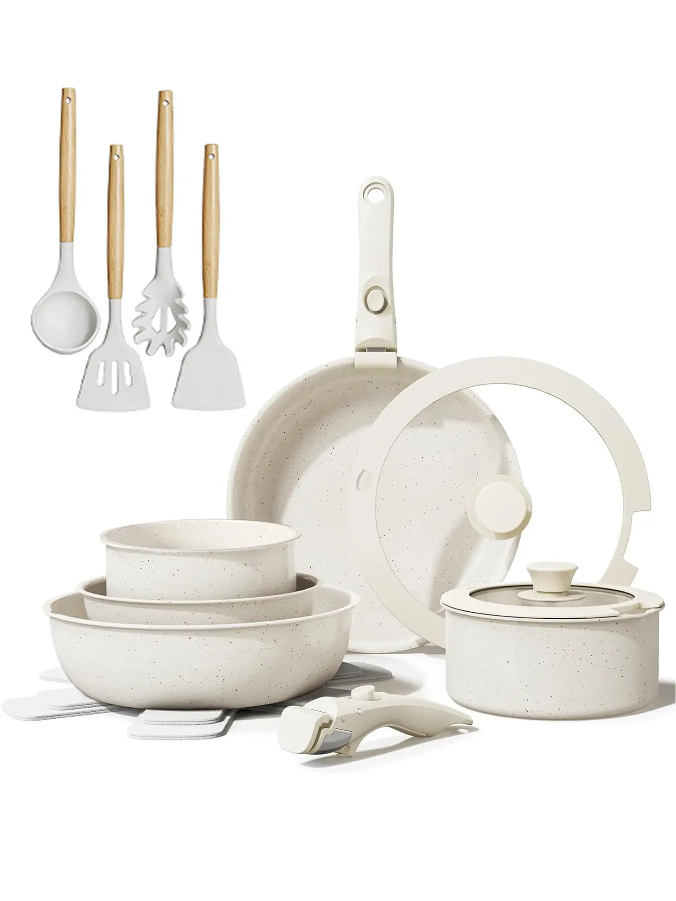 17-piece Ceramic non-stick cookware set, healthy, non-toxic, set of pots, pans and bowls, detachable handle, electromagnetic RV kitchen set, anti-stain and anti-scratch, safe for dishwasher and oven, cream white