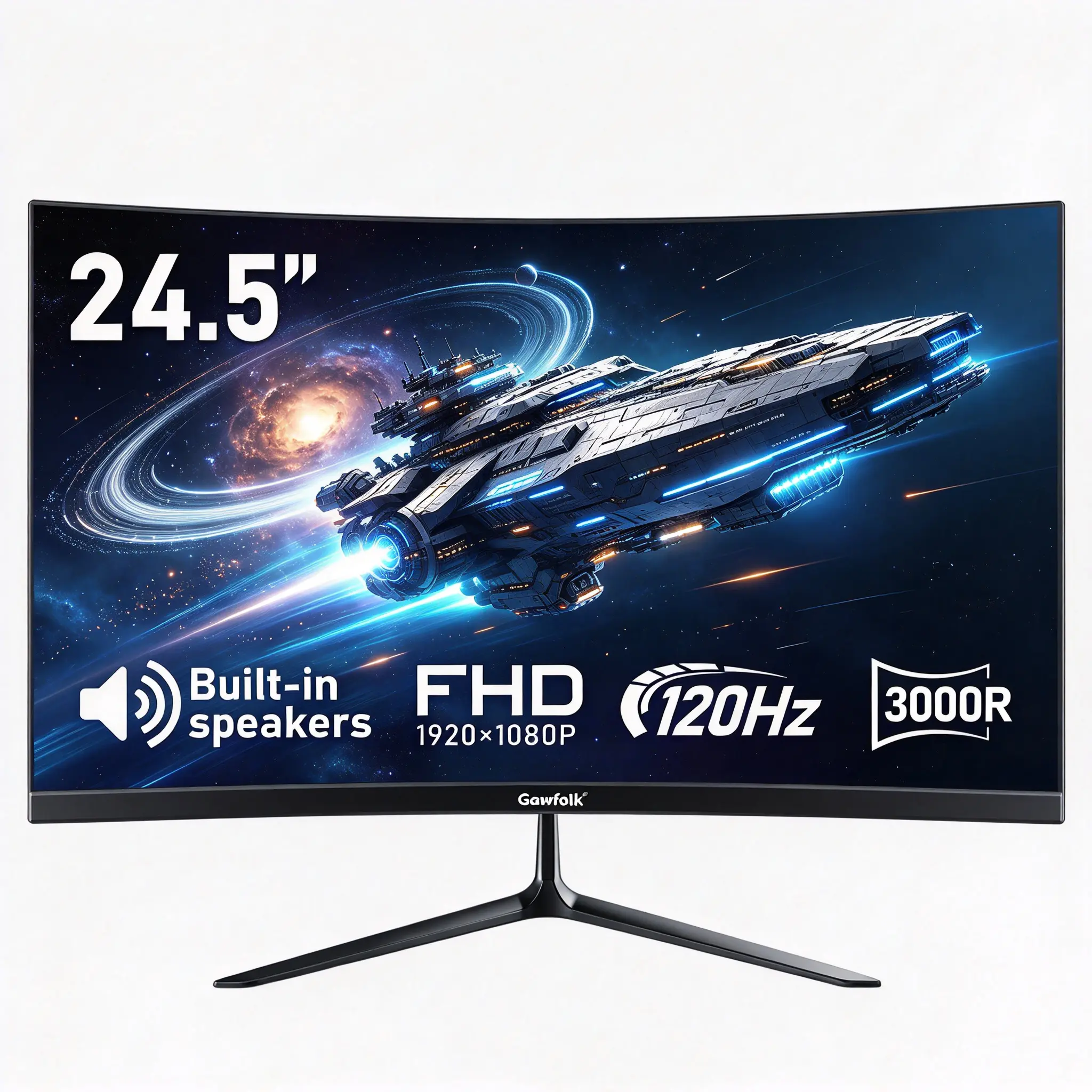 gawfolk ,120hzmonitor 24.5" , 3000R VA Panel monitor, 120Hz Refresh Rate, Built-in Speakers, Borderless Design, Blue Light Filter, Flicker-Free for Gaming & Office Use (Monitors for Desktop & Laptop Components)