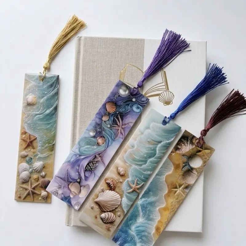 2pcs Ocean Theme Bookmarks with Silk Tassels, Beach Shells, Starfish - Luxurious Feel Office Stationery with Coastal Charm, Book Lover Accessories for Students