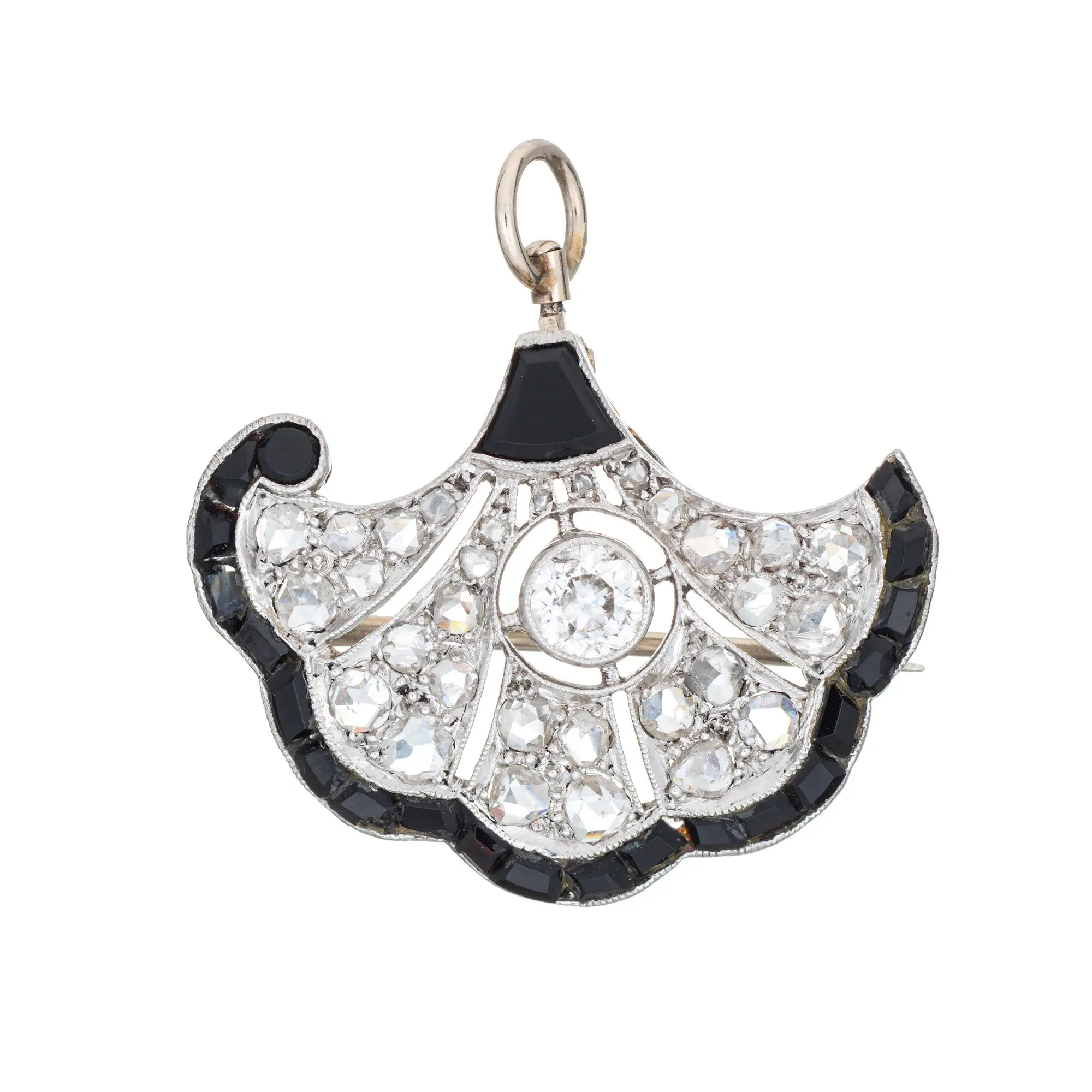 Vintage Art Deco Diamond Onyx Pendant Brooch Platinum Gold Fine Jewelry
