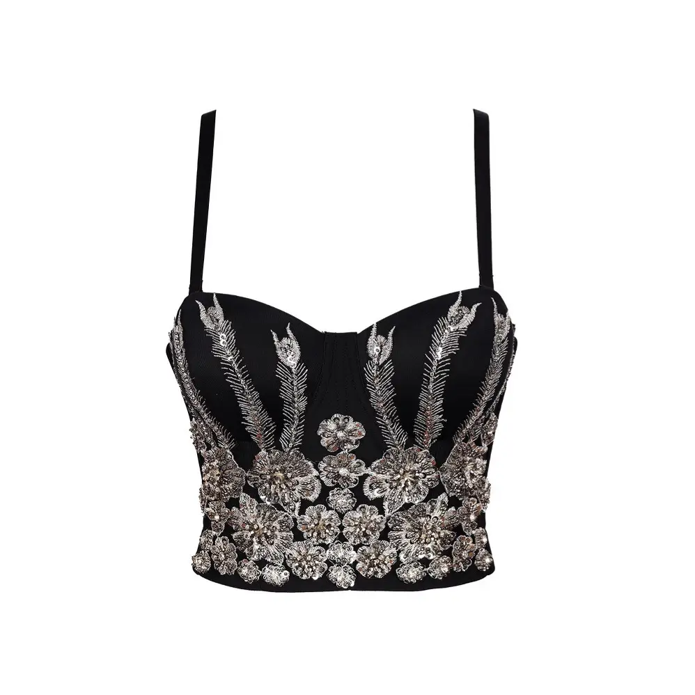 Lady's Short Women's Clothes Rhinestone Crystal Floral Corset Tank Top - Sleeveless Shaper Crop Tube Vest for Thanksgiving, Wedding Party Events