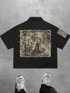 Men's Regular Fit Angel & Letter Print Short Sleeve Shirt, Casual Style Graphic, Casual Street Comfy Top for Summer, Men's Clothes for Daily Wear, Tropical