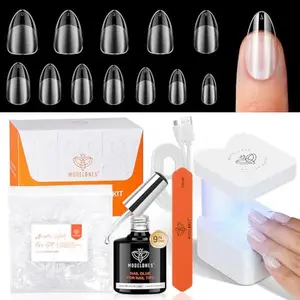 modelones Gel Nail Kit Short Almond Gel Nail Tips, 9-in-One Nail Glue with Portable U V Nail Lamp, 216Pcs 12Sizes Press On Acrylic False Nails Tip Nail Extension DIY Nails Art Gift for Women