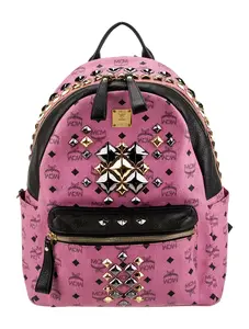 Pre-owned MCM Leather Backpacks Black/Pink Visetos Studded Stark Backpack Z 901