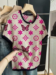 Geometric Butterfly Print Round Neck Sweater, Casual Chic Short Sleeve Knitwear for Spring Summer Fall, Comfortable Warm Fitted Women's Clothing