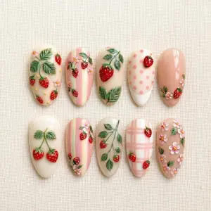 Strawberry Garden Press On Nails, 3D Fruit Floral Nails, Pink Pastel Almond Nails, Cottagecore Gingham Nails, Cute Spring Summer Nails