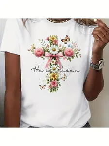 1pc for Plus-Size Women He Is Risen Watercolor Floral Easter Women'S T-Shirt - Soft Short Sleeve, with Bright Spring Floral Print And Cross Design, Comfortable And Stylish, Suitable for Spring And Summer Wear, Casual Spring Pastel Easter Egg Knit Texture,