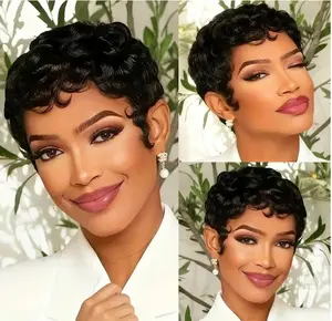 OPQHAIR Pixie Cut Wigs for Black Women Brazilian Curly Pixie Cut Wig Human Hair Glueless Short Layered Wigs With Bangs Natural Black Color No Glue Human Hair Wig for Daily Use