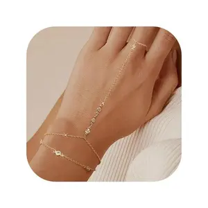 Hand Chain Bracelets for Women Trendy 2 Piece Adjustable Finger Ring Bracelet Stack Dainty 14K Gold Plated CZ Layered Beaded Hand Chains Jewelry Gifts Stackable Bracelet