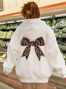 Women's Bow Print Drop Shoulder Thermal Lined Hoodie, Fashion Casual Drawstring Pocket Hooded Sweatshirt for Daily Holiday Outdoor Wear, Women Clothing for Fall & Winter