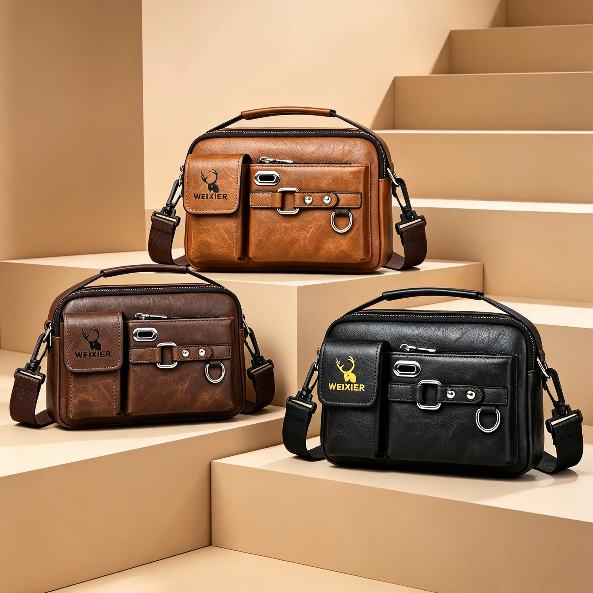 WEIXIER Men's Premium PU Leather Crossbody Bag - Lightweight Carry, Metal Texture, Multi-Pocket, Adjustable Strap, Commuting Shoulder Bag, Unisex Business Look, Ideal for Work, Family Holiday Gifts, Everyday Use, Birthday, Everyday Carry