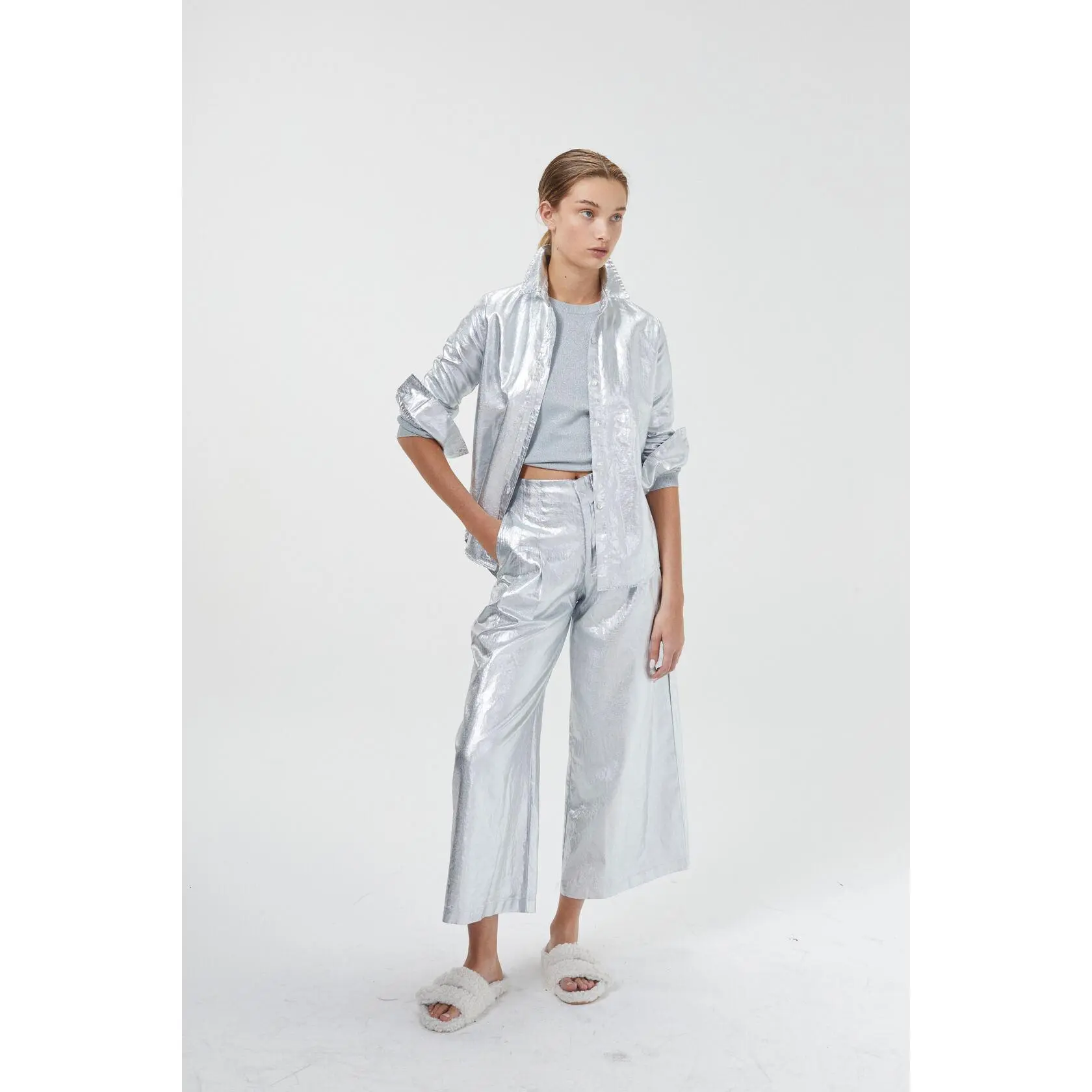 Culotte Metallic Linen Pants - New Silver