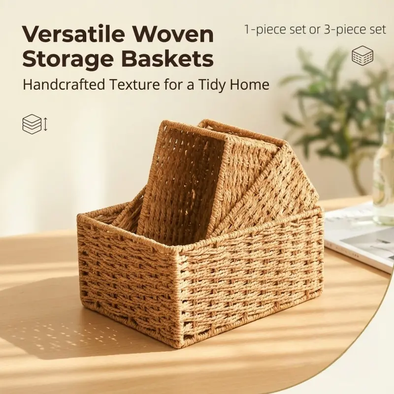 Three-piece or single-piece sets of multi-size hand-woven rectangular storage baskets, 1/3-piece sets, durable rope-woven storage baskets, suitable for home storage Organiser, Handcrafted, Organizer, Weave, Weaving