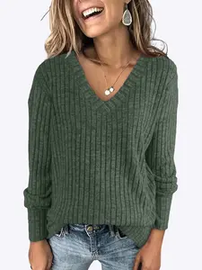 Women's Plain Soft Drop Shoulder V Neck Knitwear Tee Fit, Casual Long Sleeve Top for Spring & Fall, Fashion Chic Women's Clothes for Everyday Wear