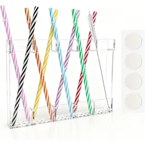 Straw Holder for Cabinet Door With 8 Color Straw, Transparent Organizer Storage Kitchen Accessories Container Ultra Sticky Cupboard Door Mounted