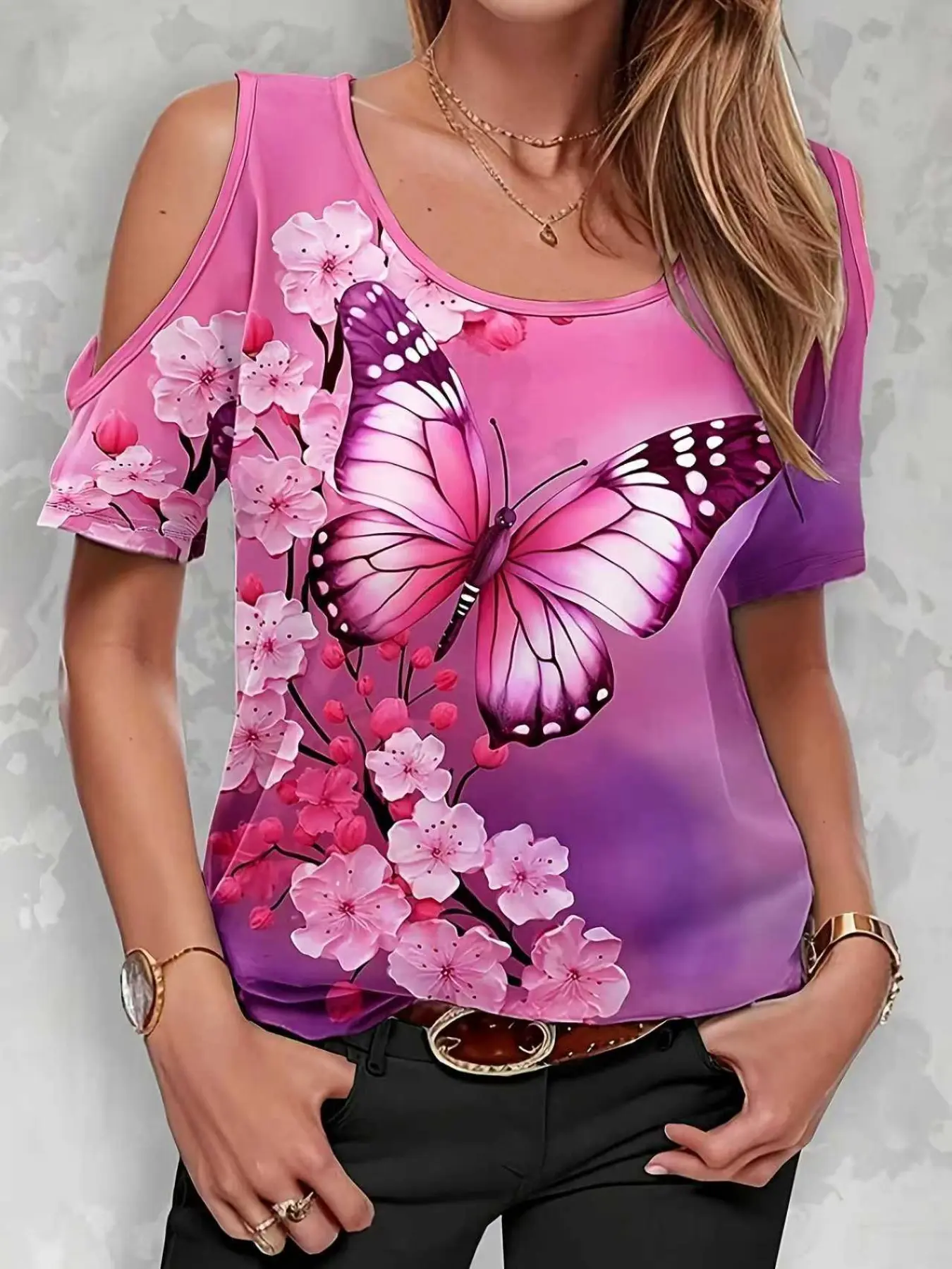 Women's Butterfly Print Loose Fit Casual Top, Short Sleeve Medium Length Design, Perfect for Daily Wear & Stylish, Everyday, Summer, Womenswear, Summer Fashion Clothing