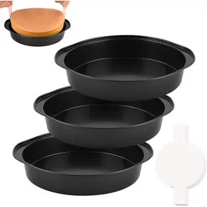 8 Inch Cake Pan - Set of 3 Round Cake Pans with 100 Pieces Parchment Paper, Non-stick Cake Baking Pans with Handle, Dishwasher Safe