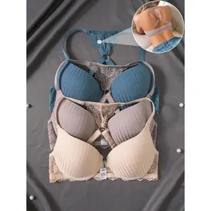3pcs Front Closure Lace Patchwork Bras for Women Underwire Push-Up Anti-Sagging Sexy Back Design Basic Elegance Minimalist Style