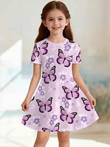 Girls' Summer Short-Sleeve Dress with Butterfly Print – A lightweight beach party outfit featuring a round neckline and short sleeves, perfect for girls and beach outings