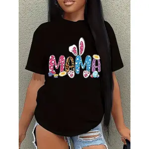 Easter Mama Bunny Ears Leopard Print T-Shirt 100% Cotton Soft Casual Women's Plus Size Short Sleeve Graphic Tee