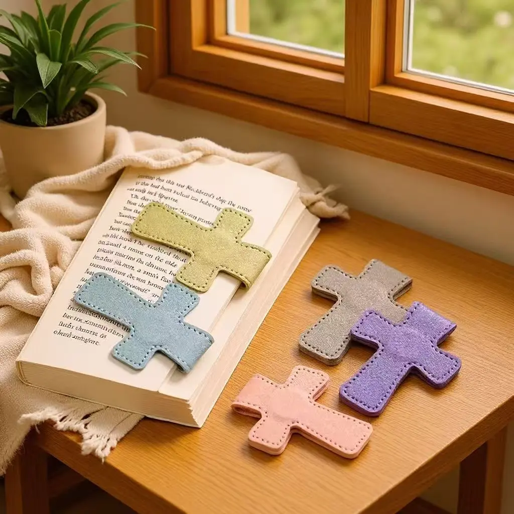 ZURXID 3-Piece Leather Cross Bookmark - Faith-Inspired Reading Accessory, Brown/Pink/Green Religious Decor Gift for Home Ornaments