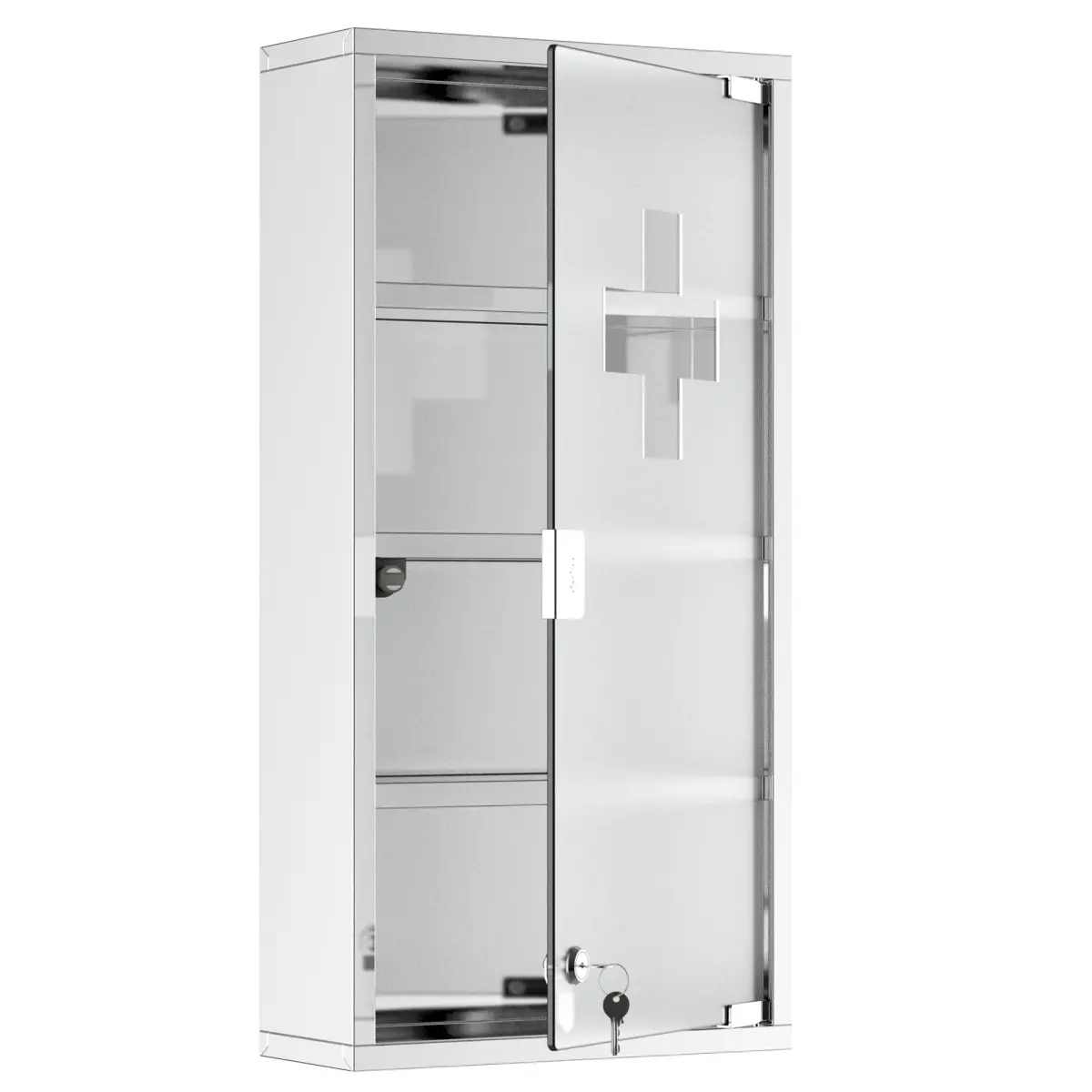 Stainless Steel Wall Mount Lockable Medicine Cabinet with Cross Symbol, Waterproof Frosted Glass Door, 4-Tier Shelf, 2 Keys, 11.75x4.75x23.5in, Assembly Required, Silver Indoor Storage Cupboard, Lockable Doors