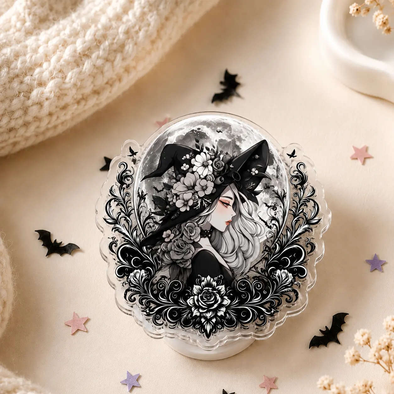 Gothic Witch Moon Acrylic Phone Grip - Dark Floral Witchy Holder, Halloween Fantasy Accessory for Women (Mobile Phone Accessory)