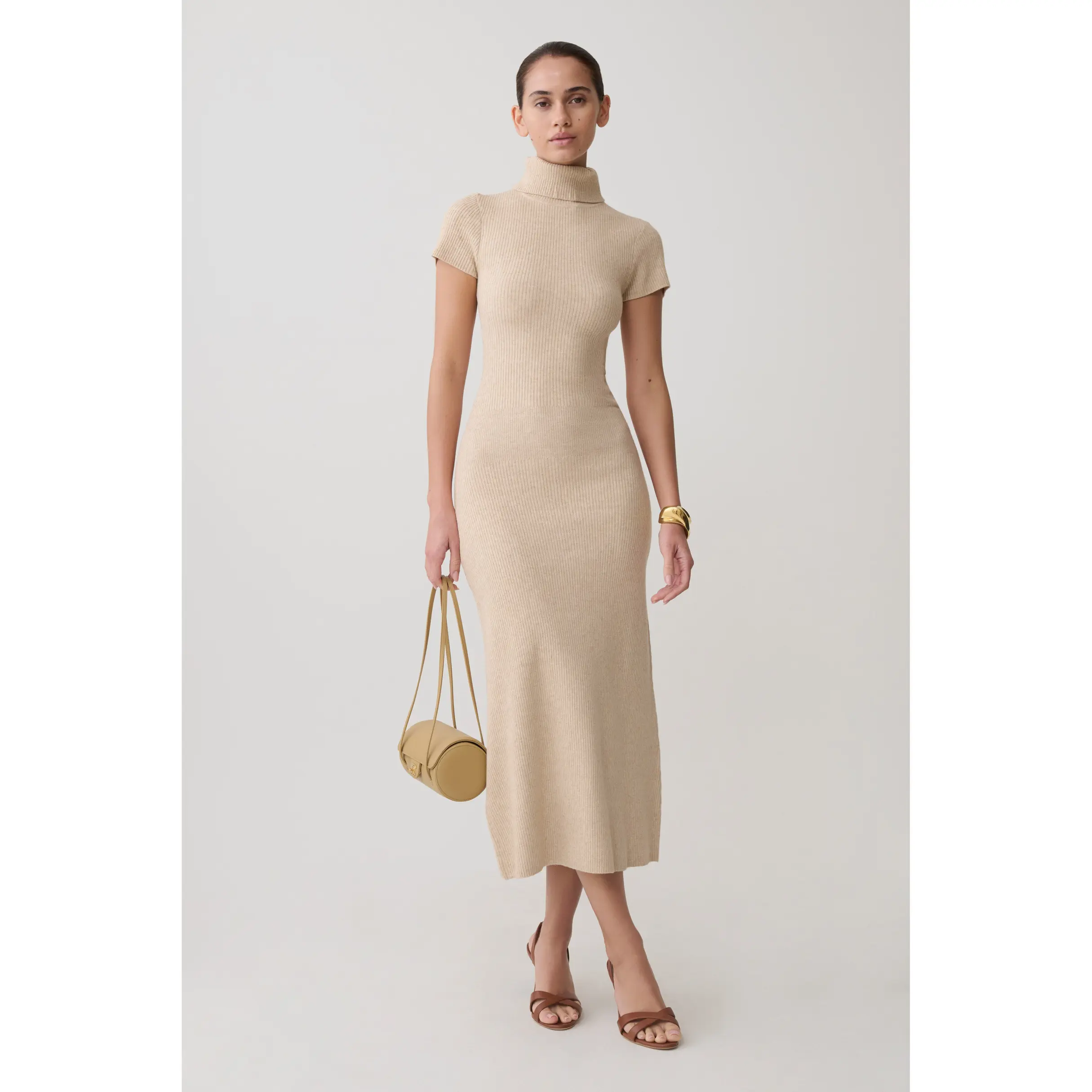 Goldie High Neck Knit Midi Dress - Camel
