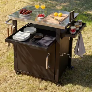 39.5" Outdoor Grill Cart with Storage Cabinet, Outdoor Bar Cart Pizza Oven Table with Wheels, Stainless Steel Top, Outdoor Kitchen Island with Spice & Paper Rack for BBQ, Waterproof Cover Included