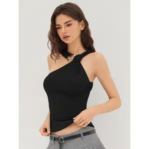 Cider Asymmetrical Neck Ring Detail Twist Tank Top