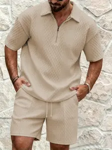 Summer Men's 2-Piece Short Sleeve Shorts Set, Textured Beach Island Casual Vacation, Outdoor Sports Clothing, Casual Lounge Set