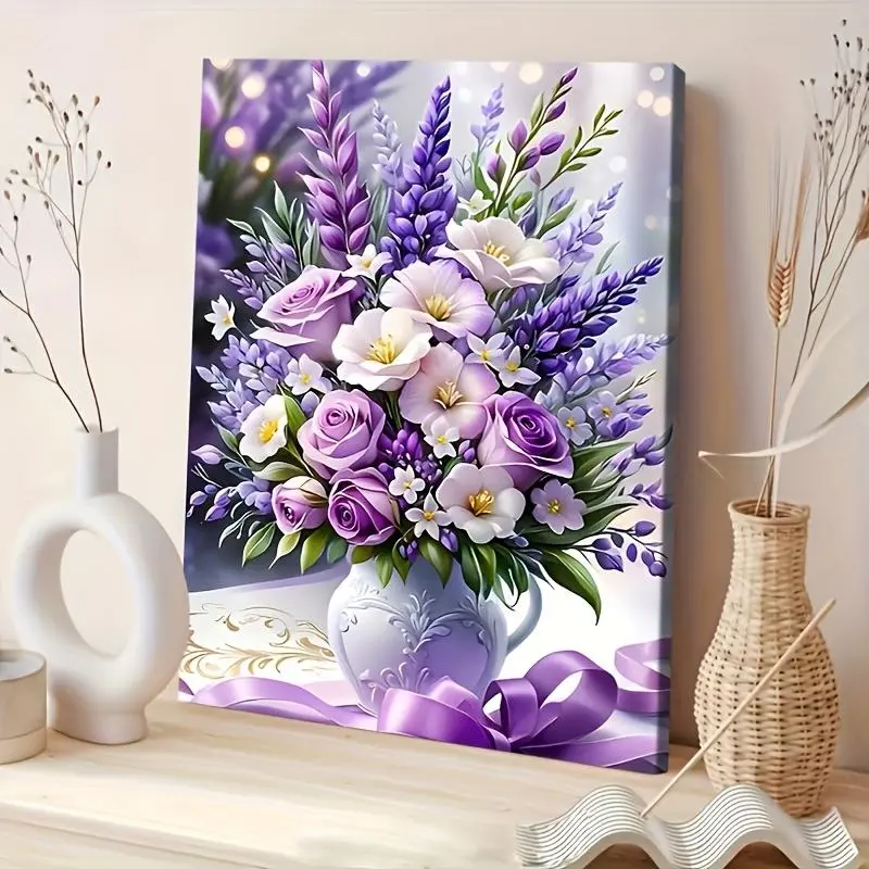 1pc Large 28x40 Inch Purple Flowers Canvas Wall Art - Classic Floral Painting with Lilac, Lavender, Roses & Daisies in Vase, Wood Frame & Wrapped Canvas, Ready-to-Hang Vibrant Botanical Print for Living Room, Bedroom, Kitchen	