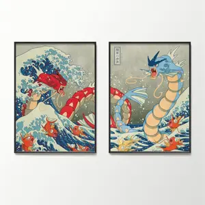 Pokemon Poster Set of 2 Anime Wall Art Traditional Japanese Prints Magikarp Gyarados Ukiyoe Decor The Great Wave Japan Style Print