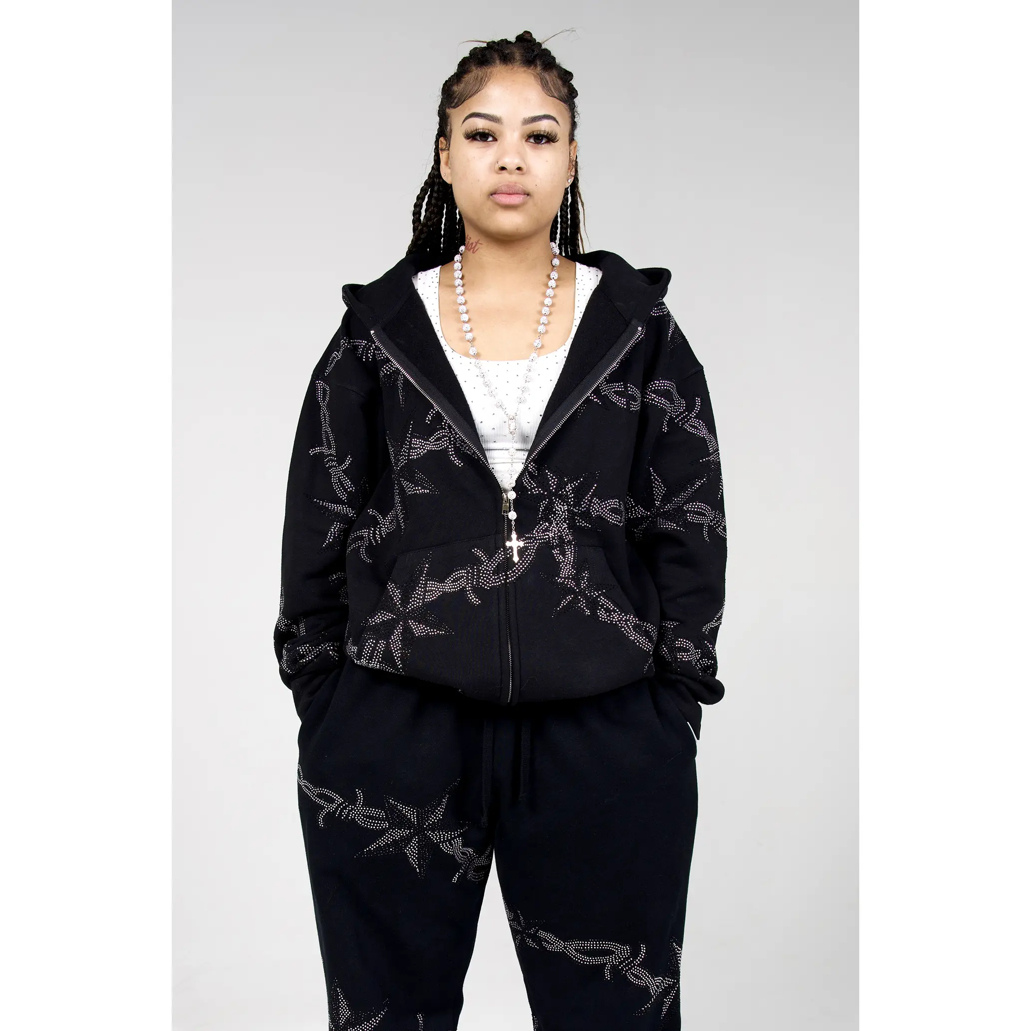Barbed Wire Rhinestone Zip-Up Hoodie – Heavyweight 400 GSM