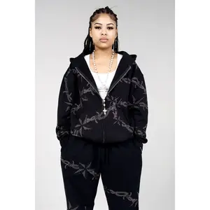 Barbed Wire Rhinestone Zip-Up Hoodie – Heavyweight 400 GSM Streetwear Hoodie