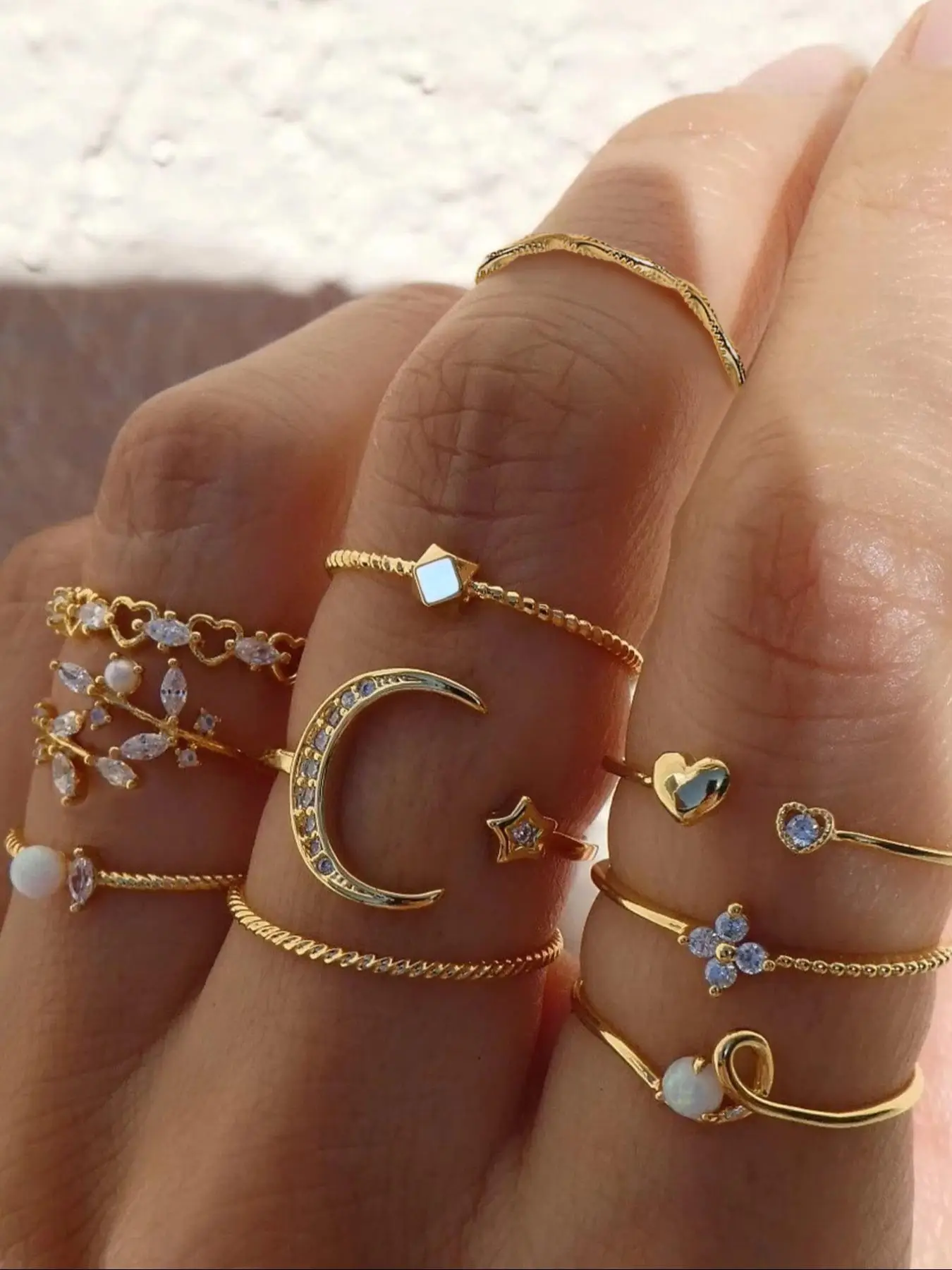 10pcs Rhinestone & Star & Moon Decor Ring, Elegant Rhinestone Decorated Star & Moon & Heart Design Ring, Fashion Accessories For Women & Girls