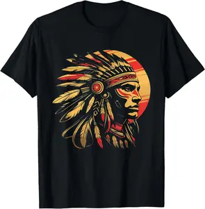 100% Cotton Native American Headdress Amerindian T-Shirt Menswear Top