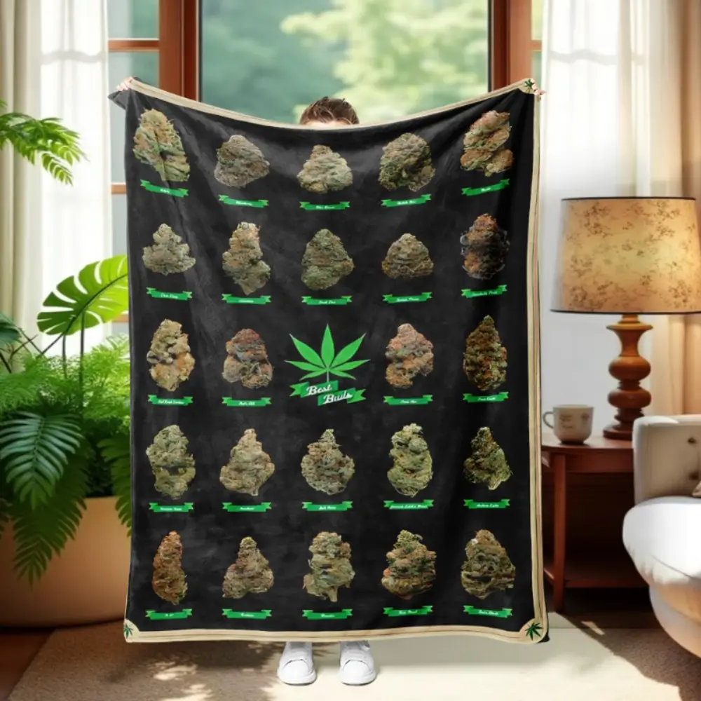 Cannabis Strains Blanket, Marijuana Weed Bud Collection 420 Stoner Throw Blanket, Kush Strain Chart Fleece Blanket for Couch Sofa Bed Bedroom Living Room, Weed Lover Decor, 420 Birthday Christmas Gift for Adults