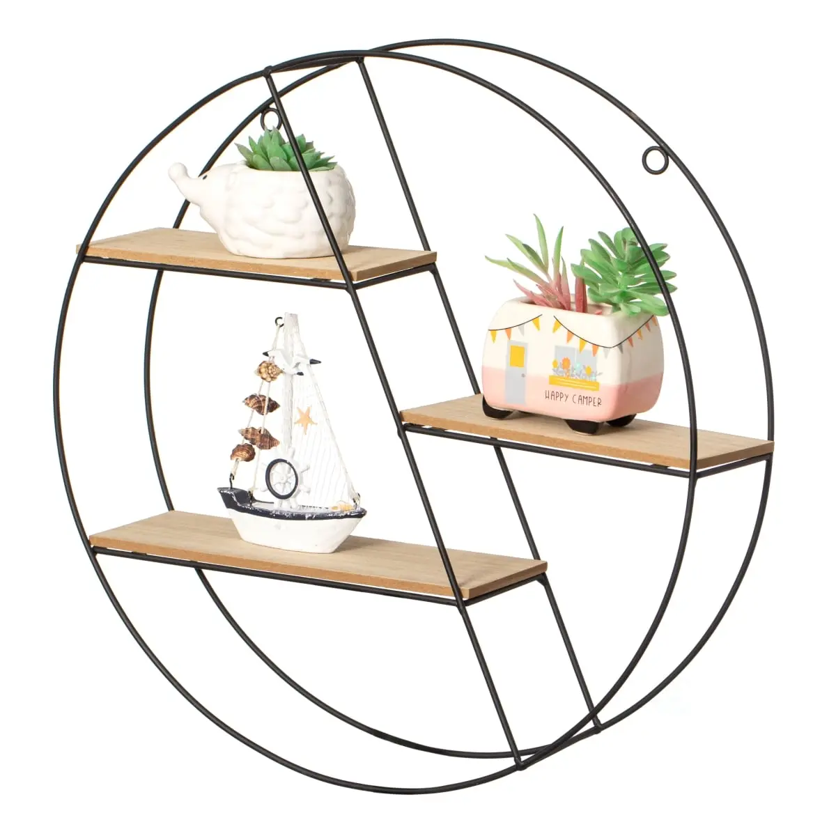 Shelf 3-Tier Decorative Floating Circular Silhouette Wall-Mount Unit - Industrial, Retro, Minimalist Metal and Wooden Platform Shelves for Kitchen Organization, Home Decor, Wall Mounted Shelf