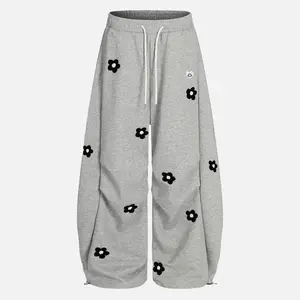 Unisex Floral Towel Embroidery Baggy Barrel Sweatpants Elastic Waist Drawstring Casual Pants Y2K  Streetwear Loose Fit Vintage Joggers