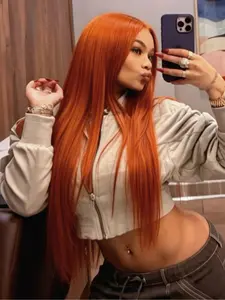 Ginger Lace Front Wigs, Straight Synthetic Wig, Long Straight Hair 13x4 Lace Frontal Wig Pre Plucked Heat Resistant Fiber Orange Wig Natural Looking Party Wigs for Cosplay Concert Music Festival 28 Inch