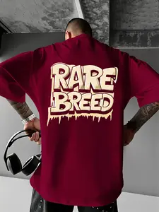 Men's Plus Size Fashion Casual Streetwear Letter Print Round Neck T-Shirt, Polyester Knit Fabric, Loose Fit, Comfortable Breathable