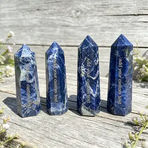 Natural Sodalite Crystal Tower 8-9cm Deep Blue Stone Third Eye Chakra Single Point Wand Crystal Healing Stone Reiki Engraved Gift
