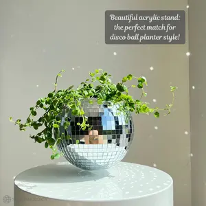 Disco Ball Planter 8" Silver | Disco Planter with Chain, Macrame Hanger, Acrylic Stand, Insert Pot and Gift Box - 8 inch