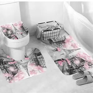 4pc Paris Eiffel Towel Pink Shower Curtain Sets Bathroom Set Décor
