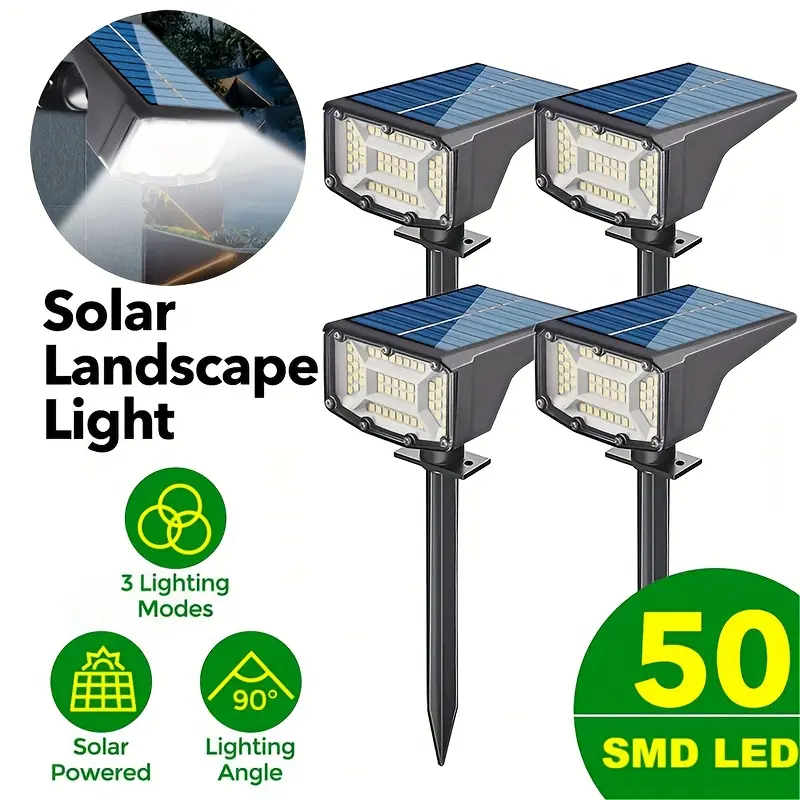 4pcs Solar Wall/Floor Lamp, Upgraded 50 SMD LED, Solar Rechargeable 1200mAh Battery, Solar Spotlight, Induction Light Control Floor Insert Light And Wall Mount, IPX4, 3 Modes, Solar Polysilicon Panels, Garden, Yard, Farm Lighting